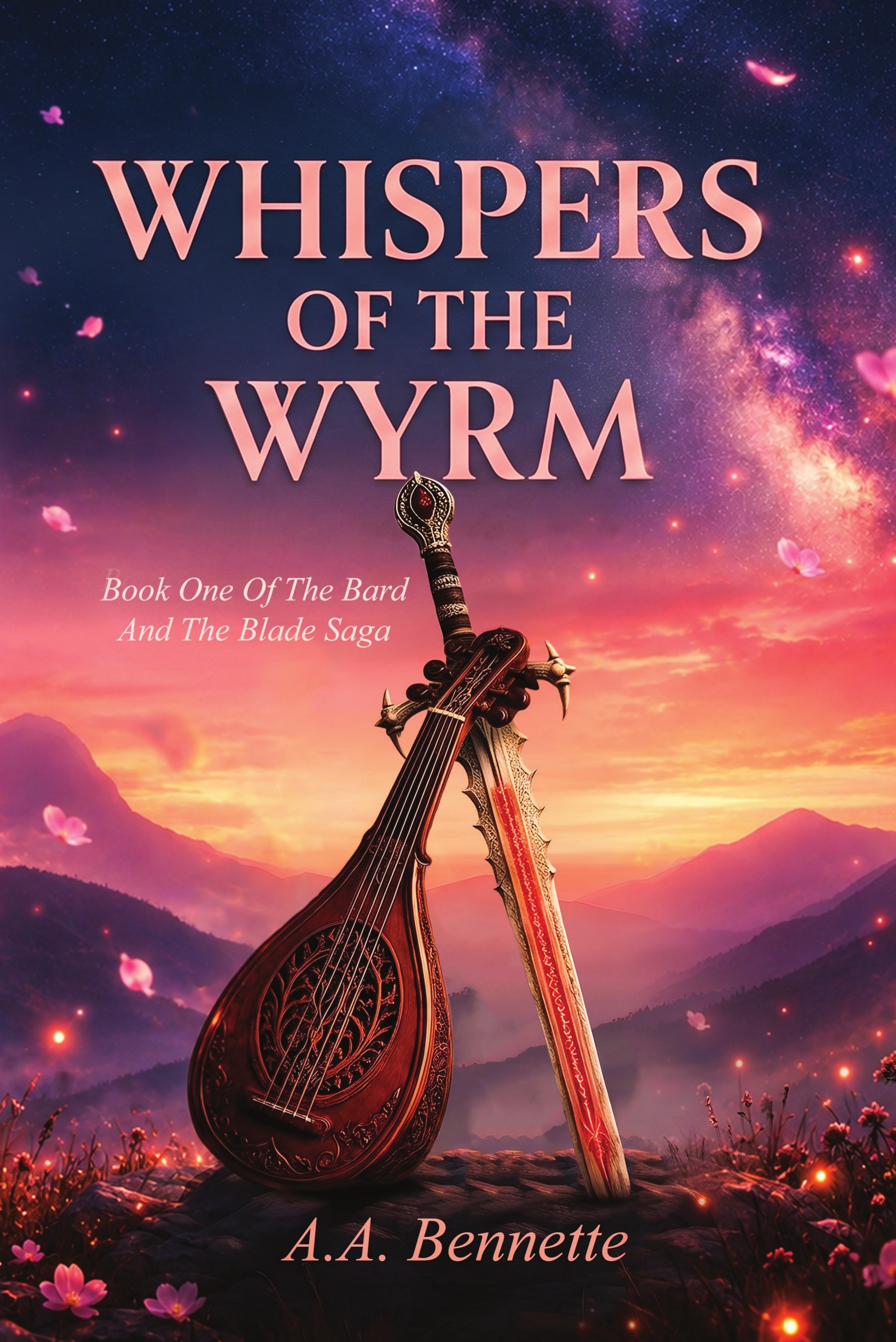 Cover of Whispers of the Wyrm: a lute leaning against a glowing red sword on a flowered hillside at sunset